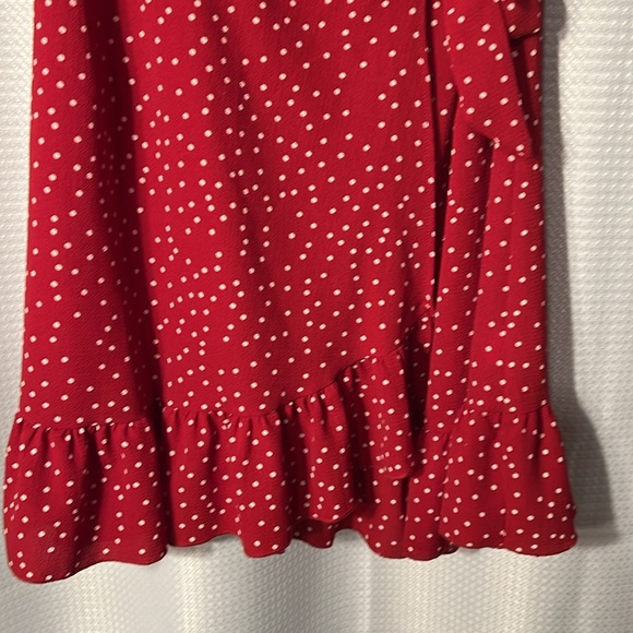 Relipop Women’s Wrap with Ruffle Hem Mini Red with white polka dot Dress - Picture 7 of 13